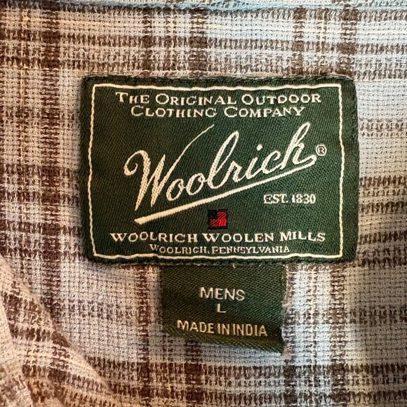 Woolrich Mens L Plaid woven Button-Up Short Sleeve Shirt Blue Gray Woolen Mills - Picture 2 of 6